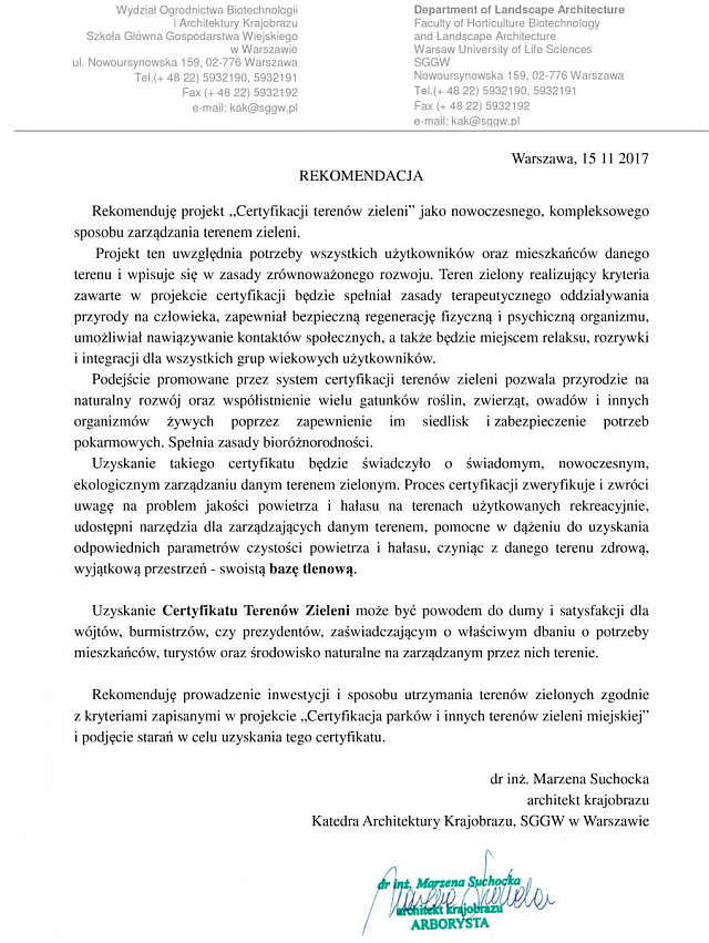 Certyfikat terenów zieleni Witpol
